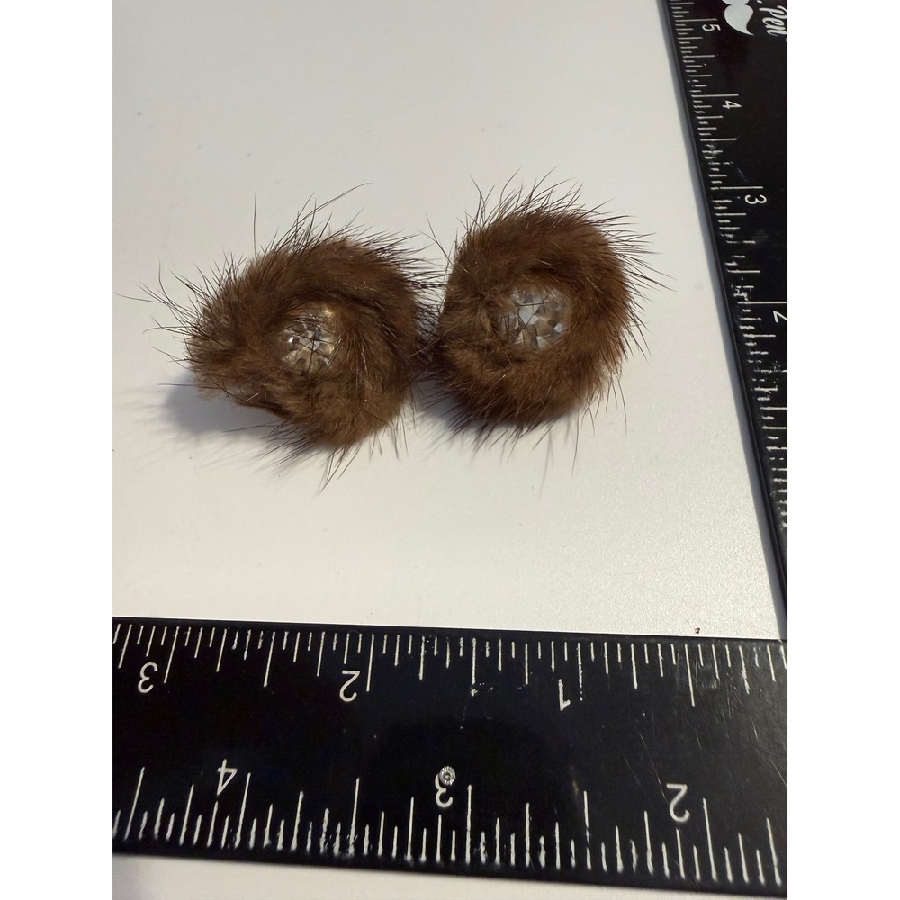 Vintage Brown Mink Fur Pom Pom Rhinestone Clip On Earrings Retro Mid Century